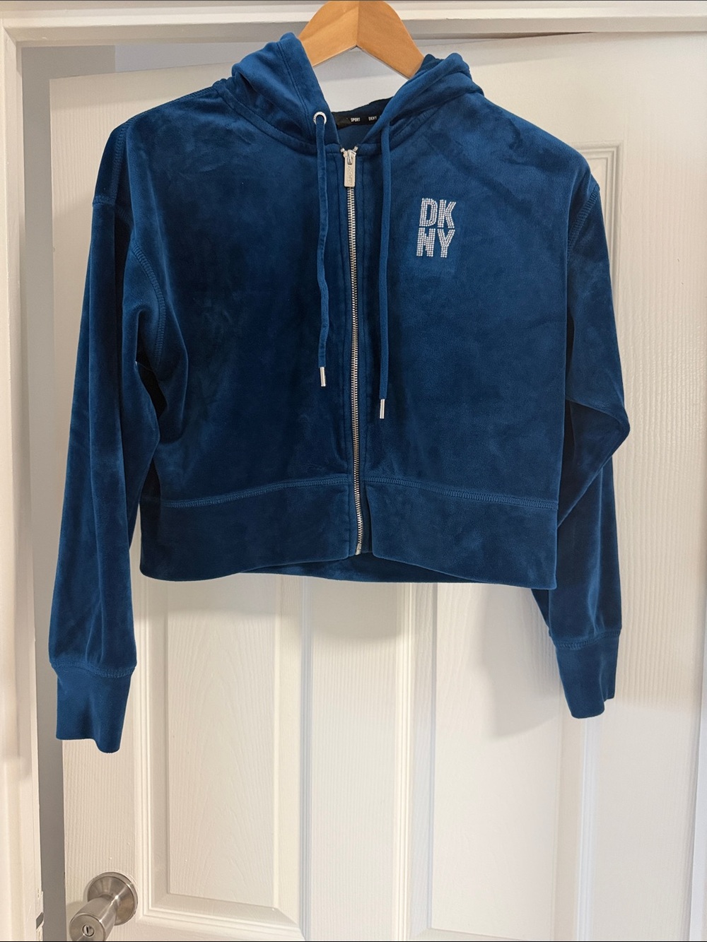 DKNY Deep Blue Velour Cropped Hoodie